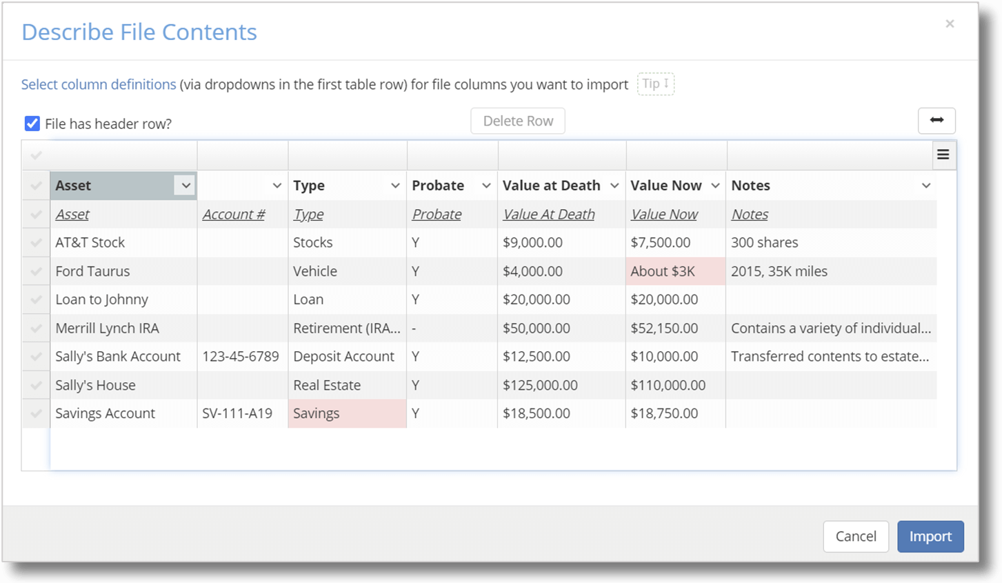 Screen capture of dialog for handling asset list imports