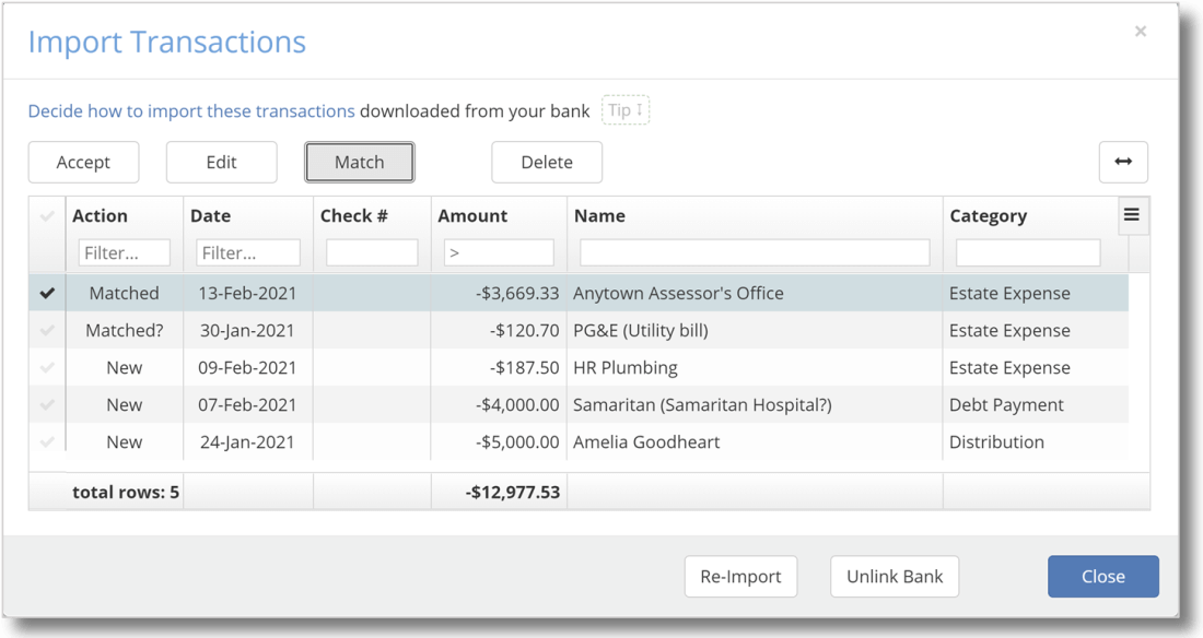 Screen capture of dialog for handling imported transactions